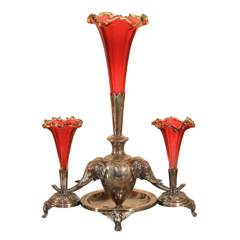 Silver plate and cranberry glass epergne.
