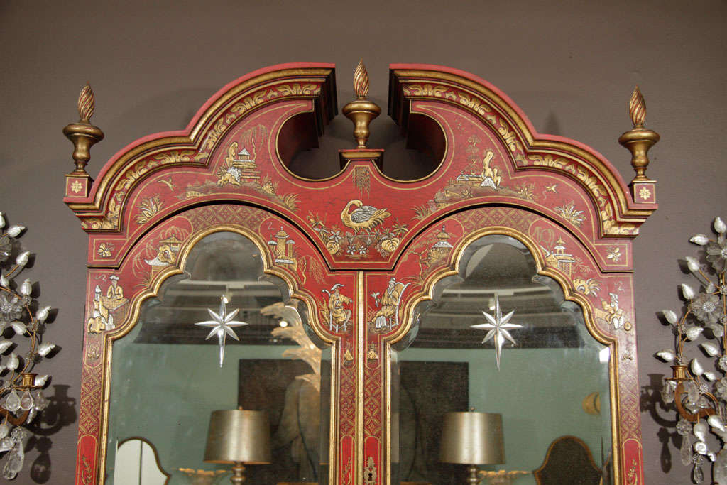 Red Lacquer & Chinoiserie Decorated Bureau Bookcase