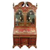 Antique Red Lacquer & Chinoiserie Decorated Bureau Bookcase