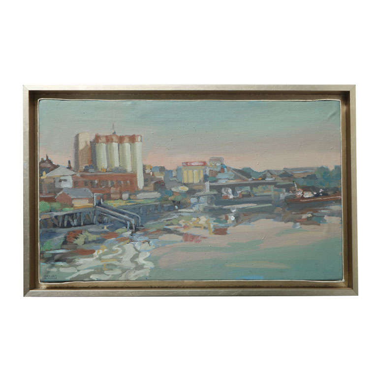 Original Hencer Molina Framed Oil on Canvas, Port Scenes of Buenos Aires For Sale
