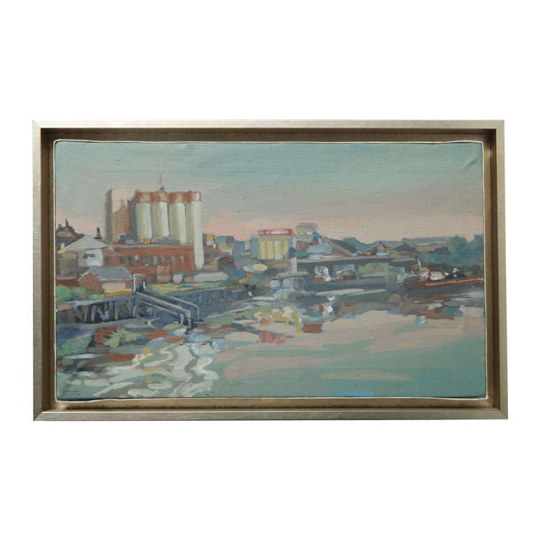 Olio su tela originale di Hencer Molina con cornice, Scene del porto di Buenos Aires in vendita