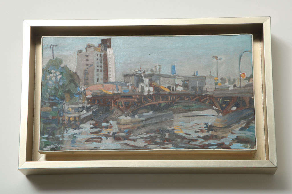 Dieses in sanften Tönen gehaltene Gemälde des Hafens von Buenos Aires des kolumbianischen Künstlers Hencer Molina ist Teil einer Serie von 5 wunderschönen Gemälden (siehe Detailbilder).

Hencer Molina stammt aus Baranquilla, Kolumbien, und kam im