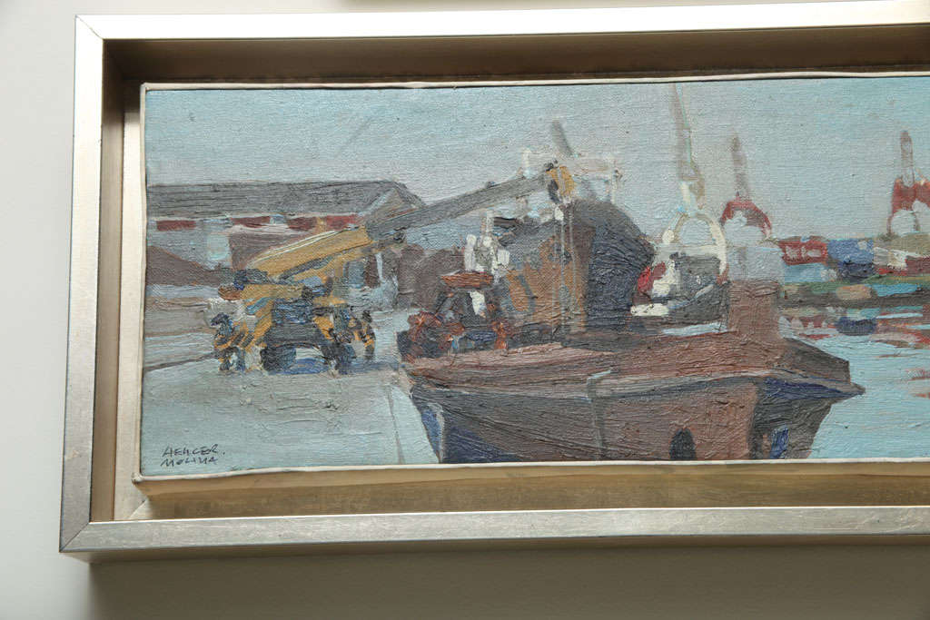 Post-Modern Hencer Molina Oil on Canvas, Port Scenes of Buenos Aires For Sale