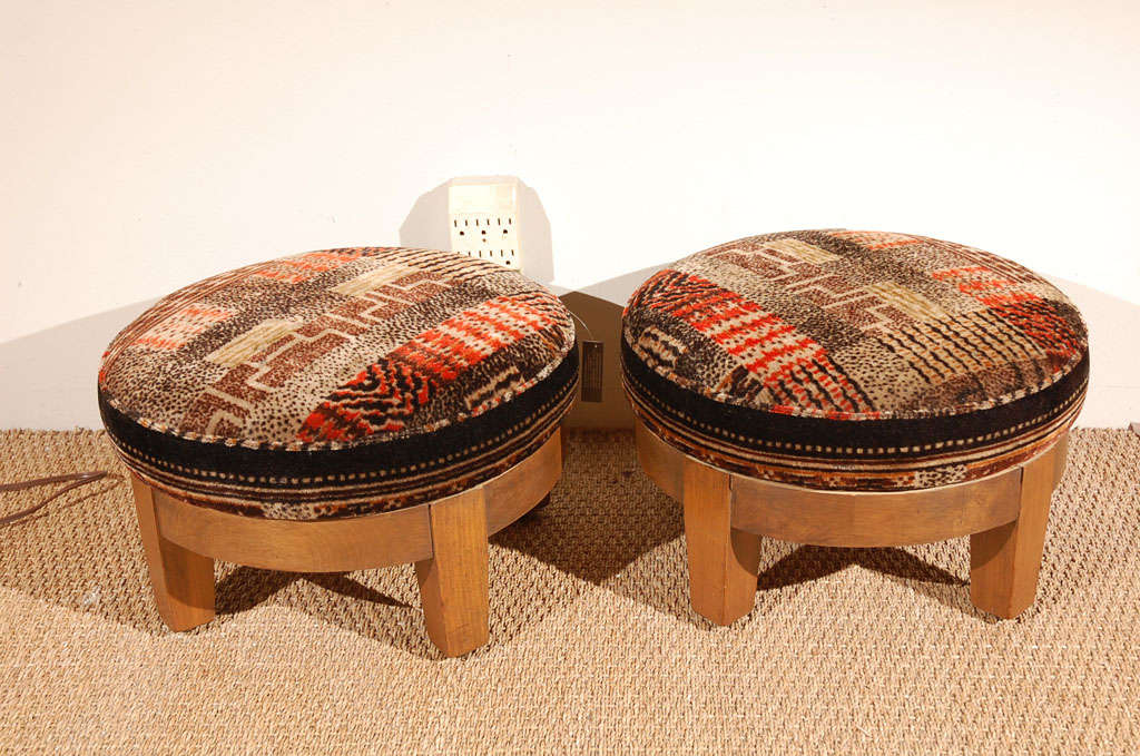 Pair of mid century stools upholstered with 1920s wool mohair fabric. Will sell separately.