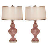 Pink Murano table lamps with silver inclusions