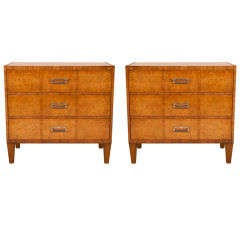 Pair of burl walnut inlaid 3 drawer side chests by MasterCraft