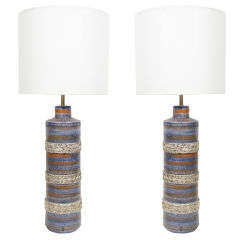 Pair of Blue & Tan Striated Lamps by Bitossi