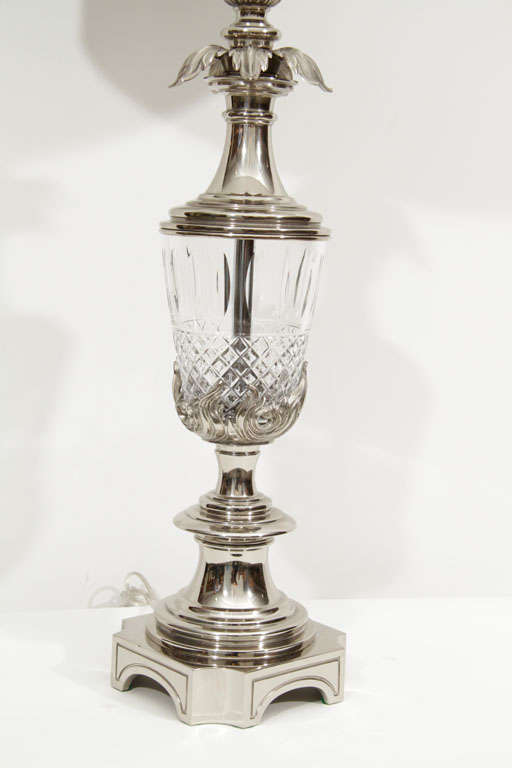 Pair of Polished Nickel and Cut Crystal Lamps by Stiffel 1