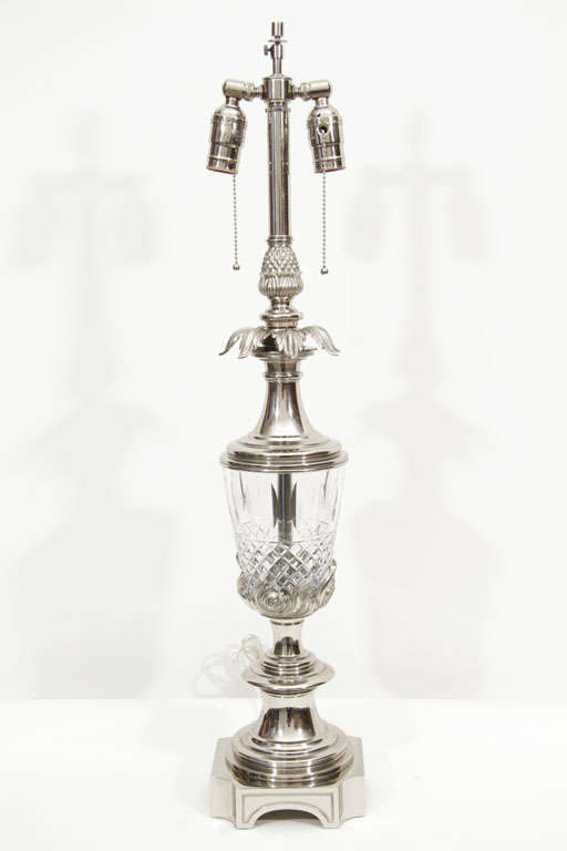 Pair of Polished Nickel and Cut Crystal Lamps by Stiffel 3