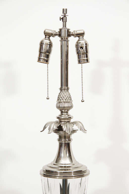 Pair of Polished Nickel and Cut Crystal Lamps by Stiffel 4