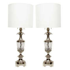 Pair of Polished Nickel and Cut Crystal Lamps by Stiffel