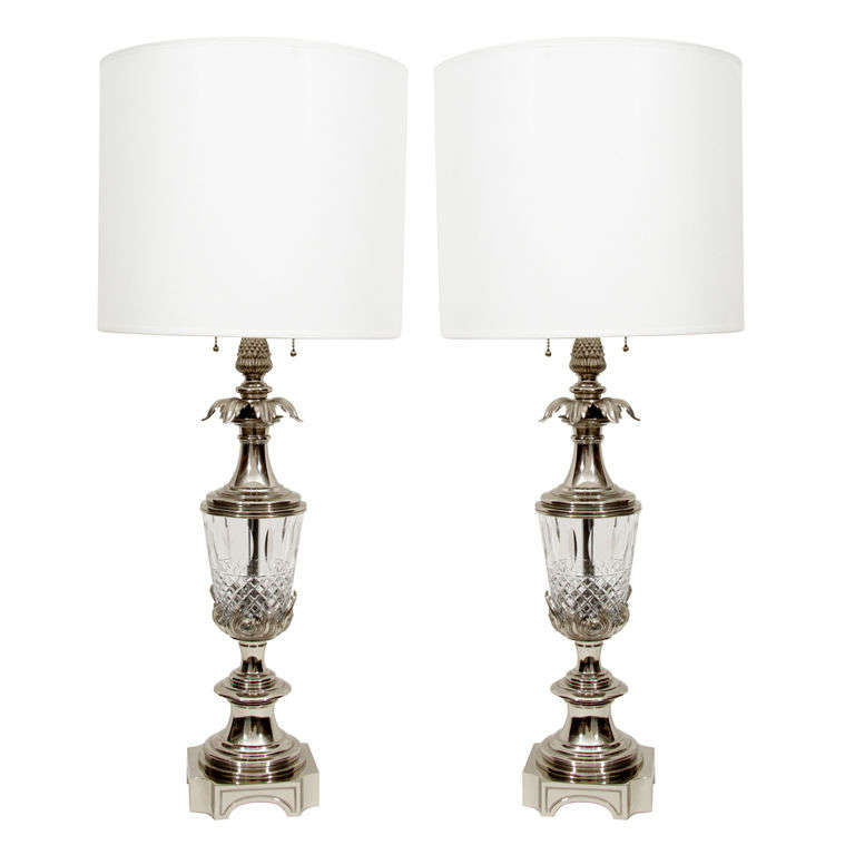 Pair of Polished Nickel and Cut Crystal Lamps by Stiffel