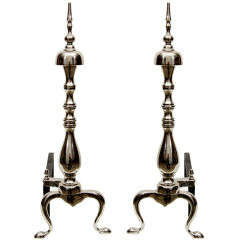 Pair of 1940's Polished Nickel Spire Topped Andirons