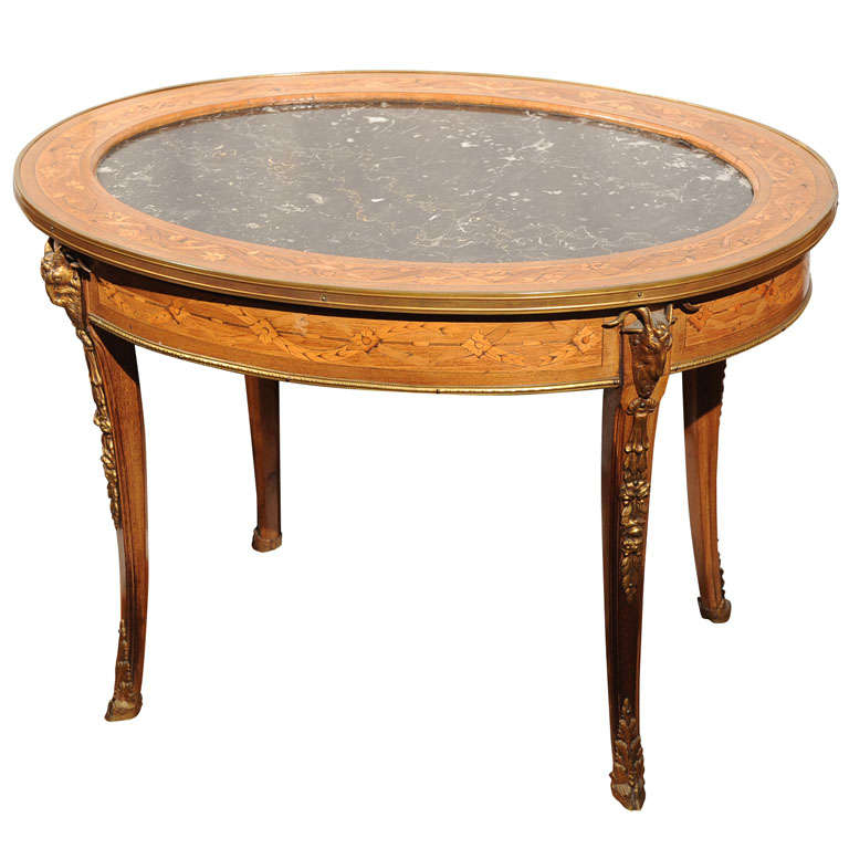 Oval Coffee Table w/Bronze Rams Heads, Marquetry, Marble Insert