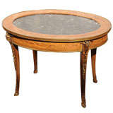 Oval Coffee Table w/Bronze Rams Heads, Marquetry, Marble Insert