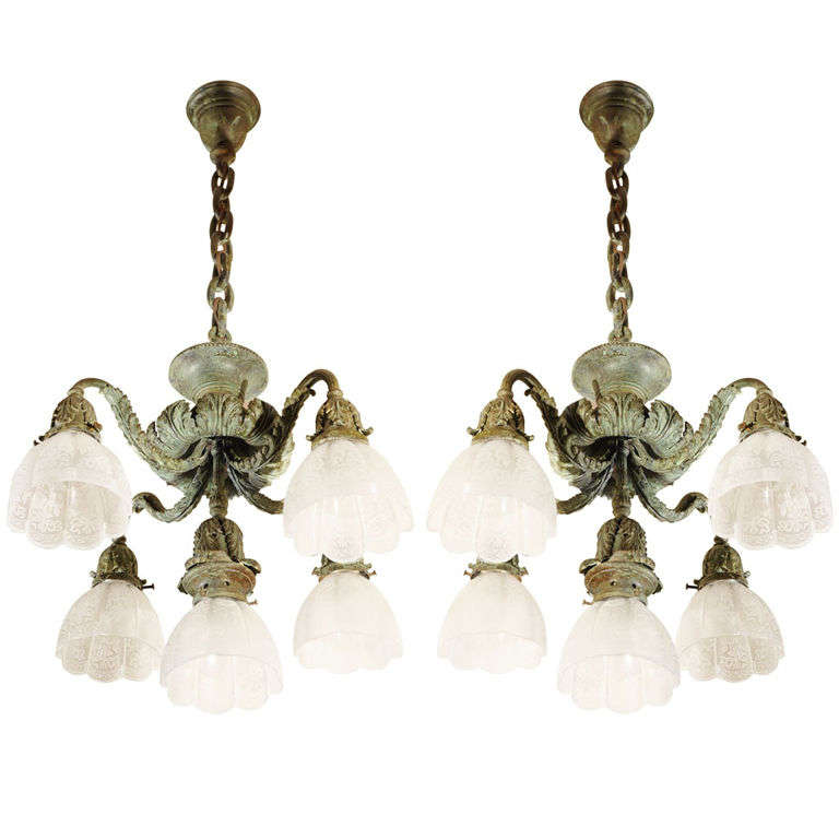 Pair of Late Victorian Five Arm Chandeliers