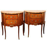 Lovely Pair of Marquetry and Marble Top Demi-lune/Nightstands