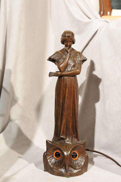 Art Nouveau Bronze Figure of Girl Atop an Owl/Lamp