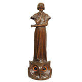 Art Nouveau Bronze Figure of Girl Atop an Owl/Lamp