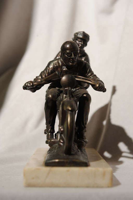 Patinated Art Deco Statue of Motorcycle and Riders