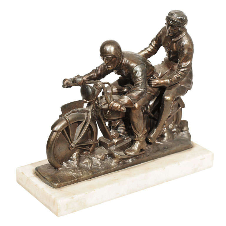 Art Deco Statue of Motorcycle and Riders