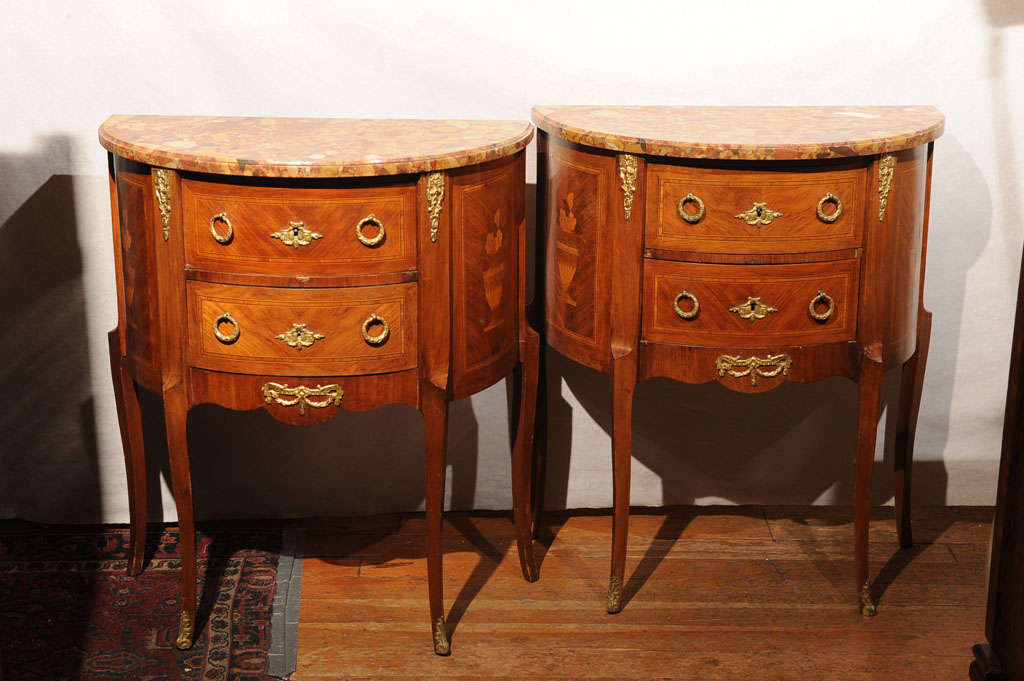 Lovely Pair of Marquetry and Marble Top Demilune/Nightstands at 1stDibs