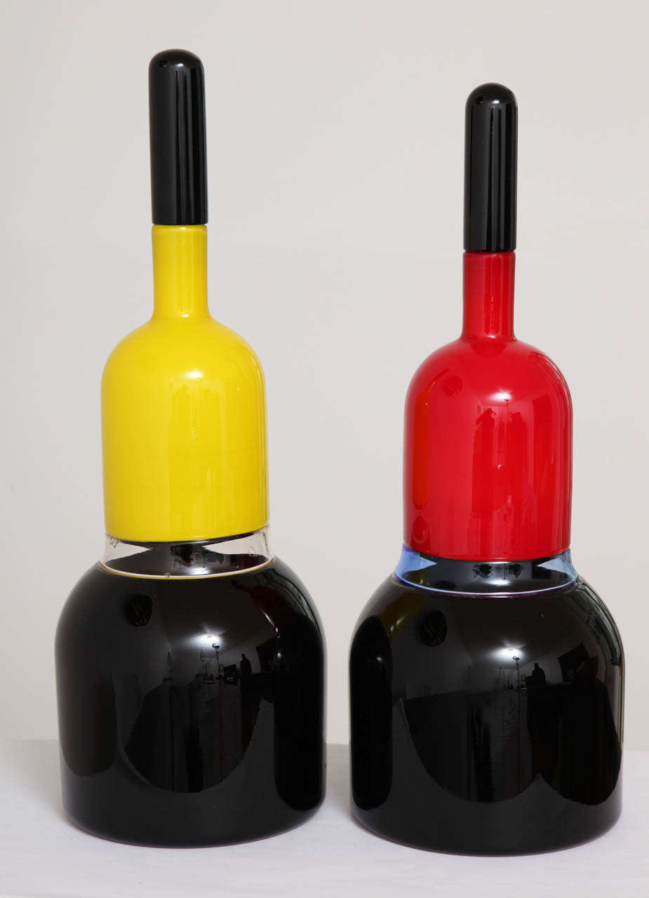 Store closing-- last day is 7/31. Offers welcome! Red and yellow glass bottles designed by Timo Sarpaneva for Venini. Acid
etched signature 'Venini 91 Sarpaneva' and Venini sticker label to each.

Yellow: 17