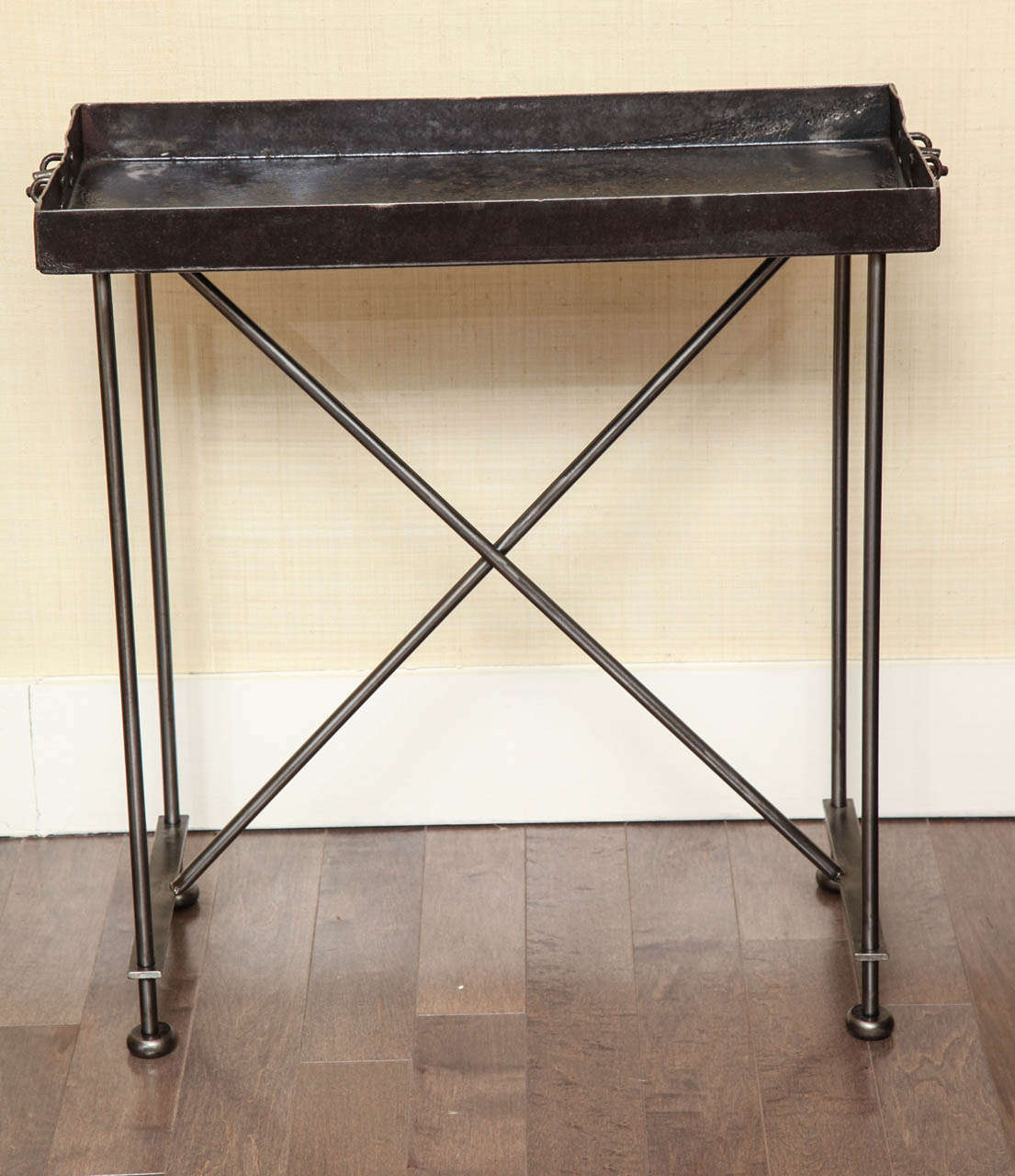 Pair of steel  tray tables with attached tops and X base