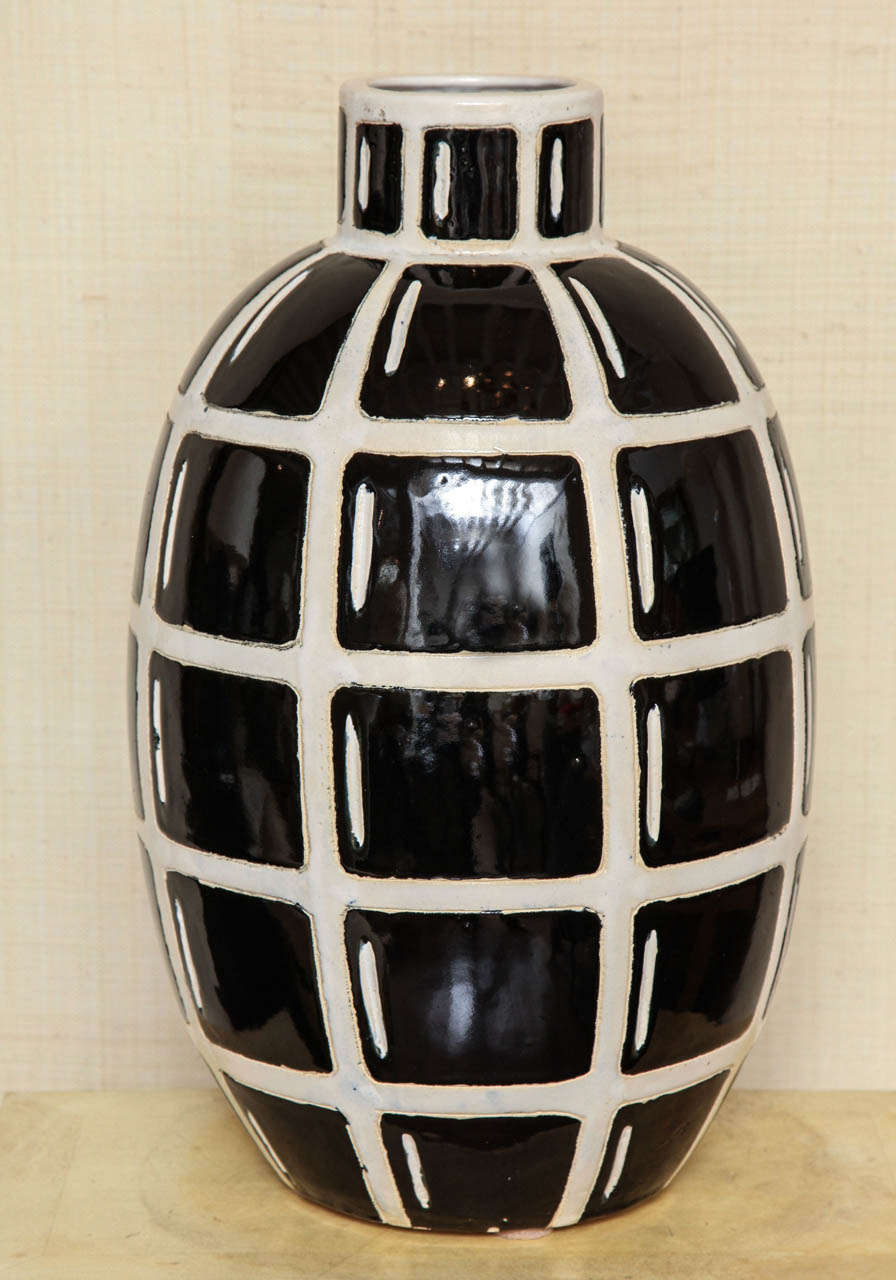 Large hand made ceramic vase with black and white geometric design c. 1960