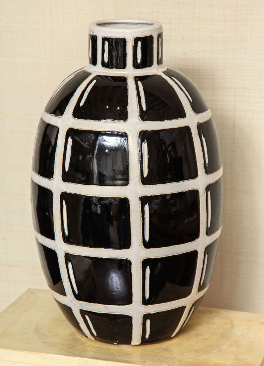 American Large Black and White Vase with Geometric Design, circa 1960