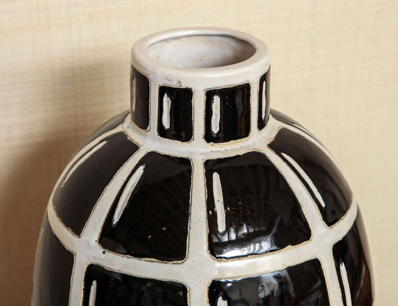 Hand-Crafted Large Black and White Vase with Geometric Design, circa 1960