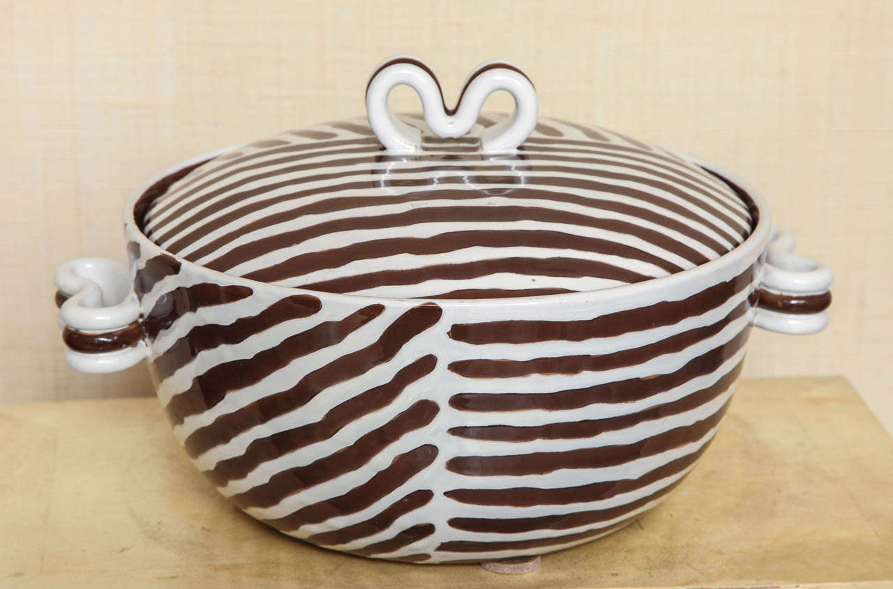 Italian Brown and White Striped Dish with Lid by Zaccagnini Italy, circa 1954 For Sale