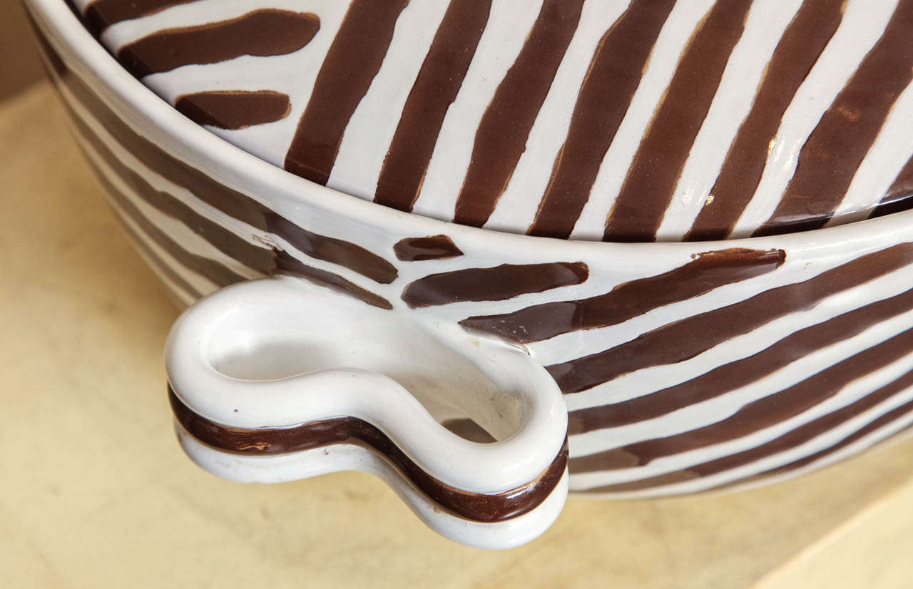 Mid-20th Century Brown and White Striped Dish with Lid by Zaccagnini Italy, circa 1954 For Sale