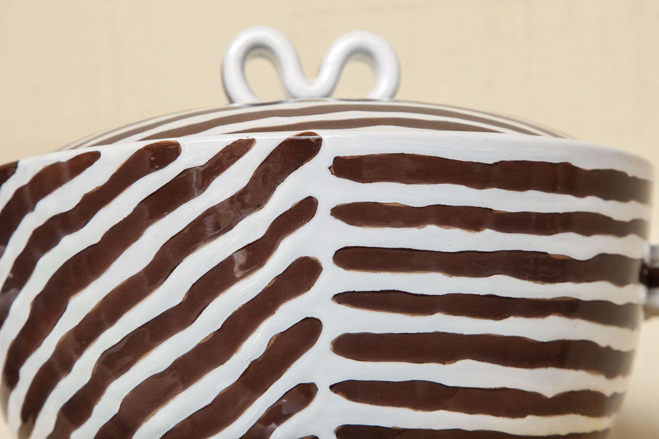 Ceramic Brown and White Striped Dish with Lid by Zaccagnini Italy, circa 1954 For Sale