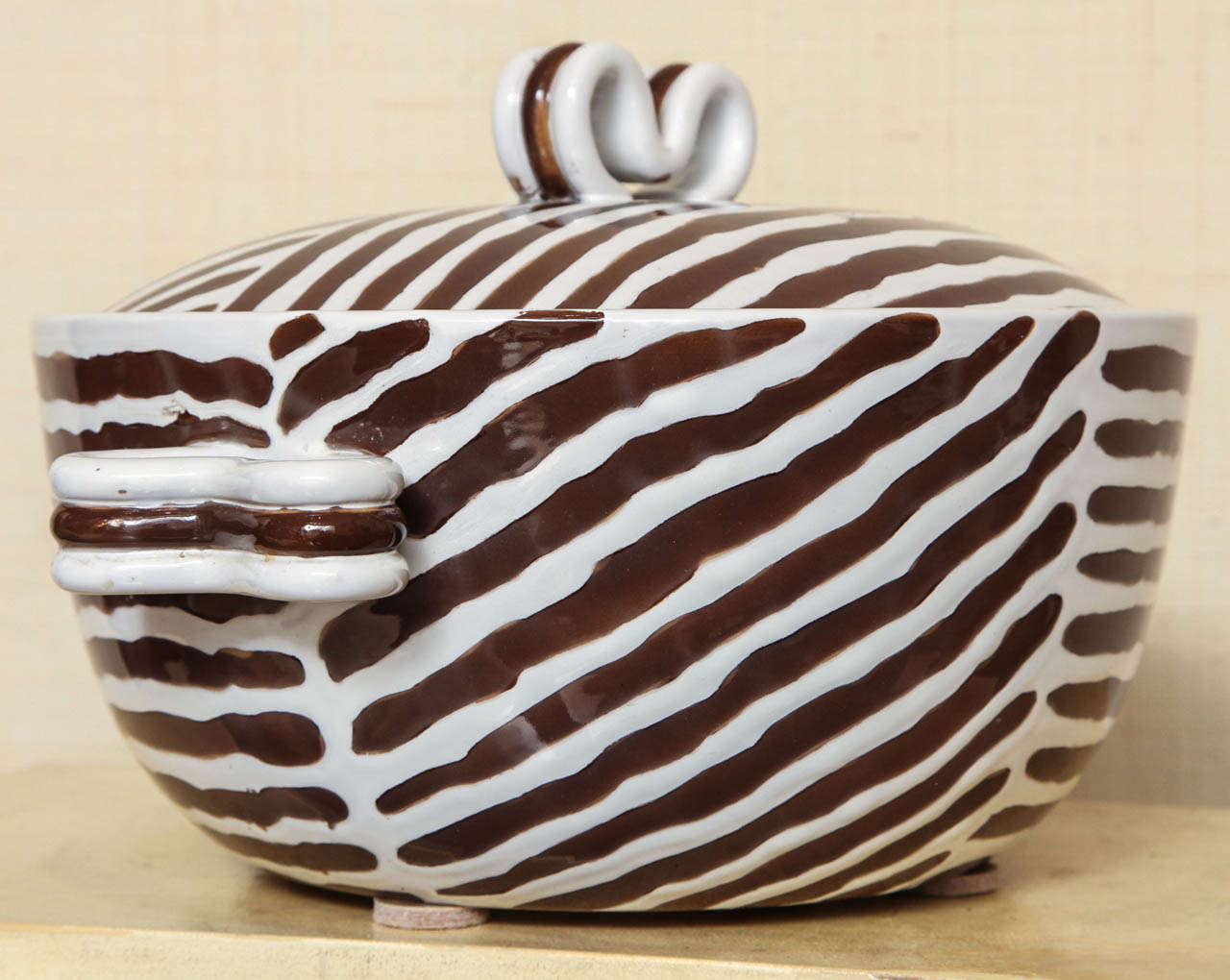 Brown and White Striped Dish with Lid by Zaccagnini Italy, circa 1954 For Sale 1