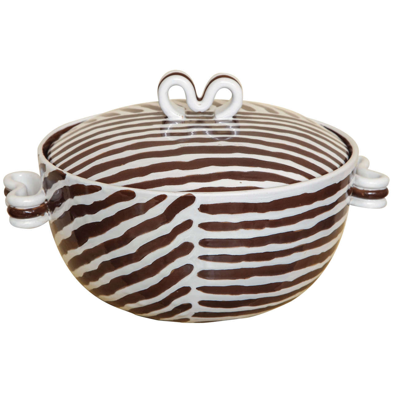 Brown and White Striped Dish with Lid by Zaccagnini Italy, circa 1954 For Sale