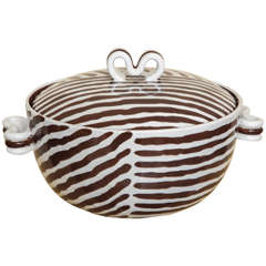 Brown and White Striped Dish with Lid by Zaccagnini Italy, circa 1954