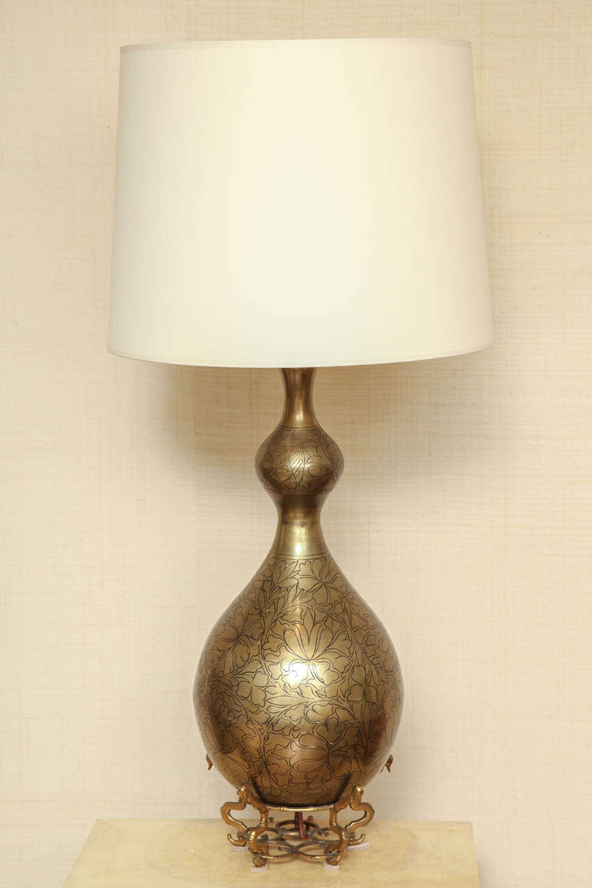 Pair of Decorative Etched Brass Lamps With Brass Stand circa 1960