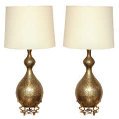 Pair of Decorative Etched Brass Lamps With Brass Stand circa 1960