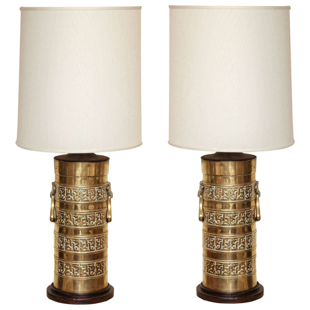 Pair of Asian Inspired Brass Cylinder Lamps with Wooden Details circa 1960