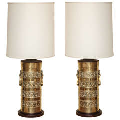 Pair of Asian Inspired Brass Cylinder Lamps with Wooden Details circa 1960