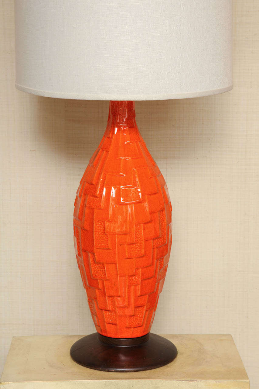 American Pair of Orange Ceramic Lamps with Geometric Design, circa 1960