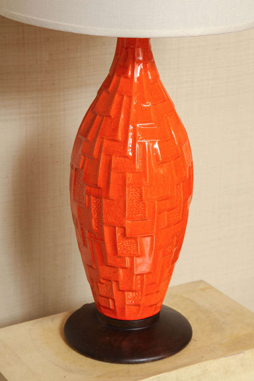 Pair of Orange Ceramic Lamps with Geometric Design, circa 1960 In Excellent Condition In New York, NY