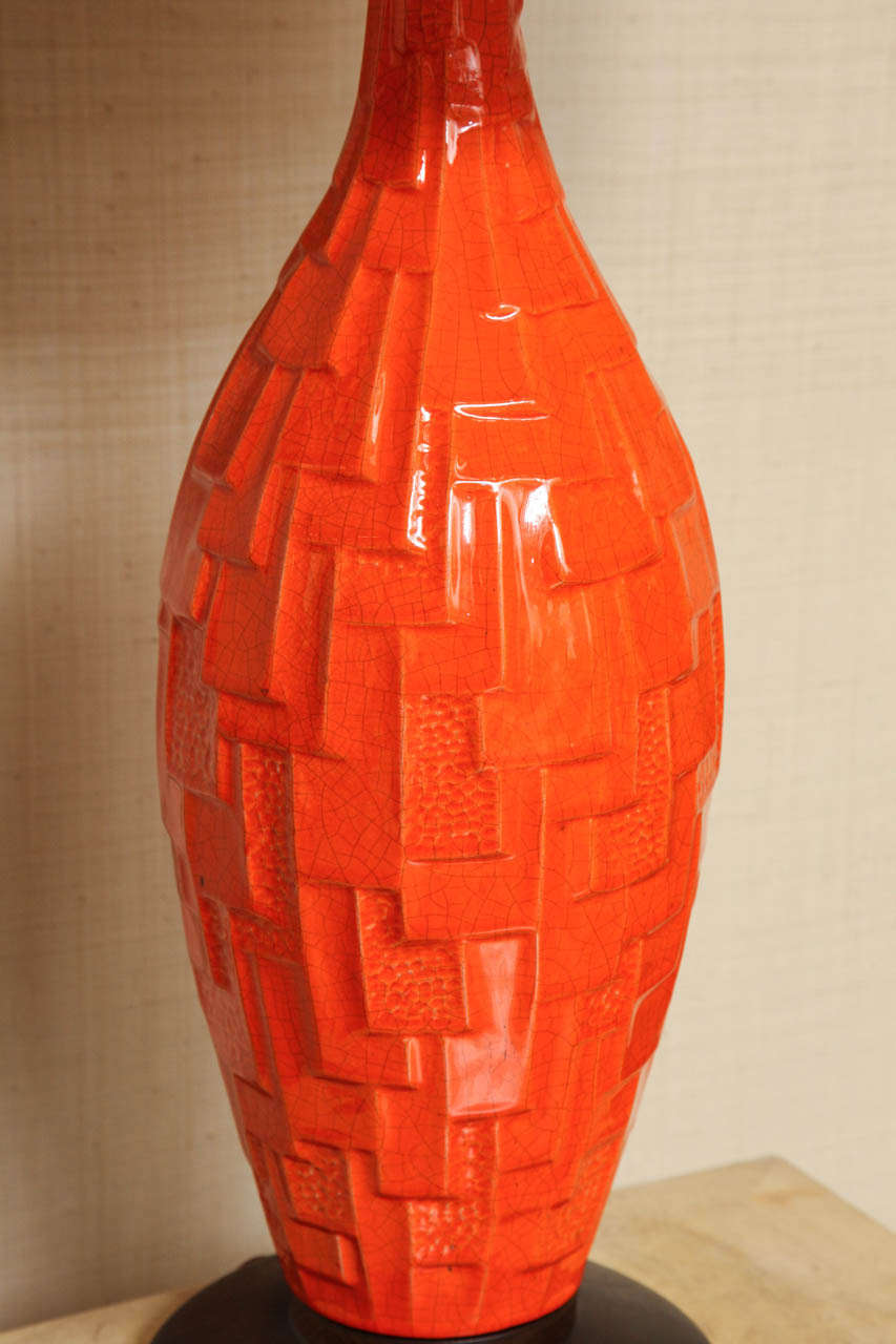 Mid-20th Century Pair of Orange Ceramic Lamps with Geometric Design, circa 1960