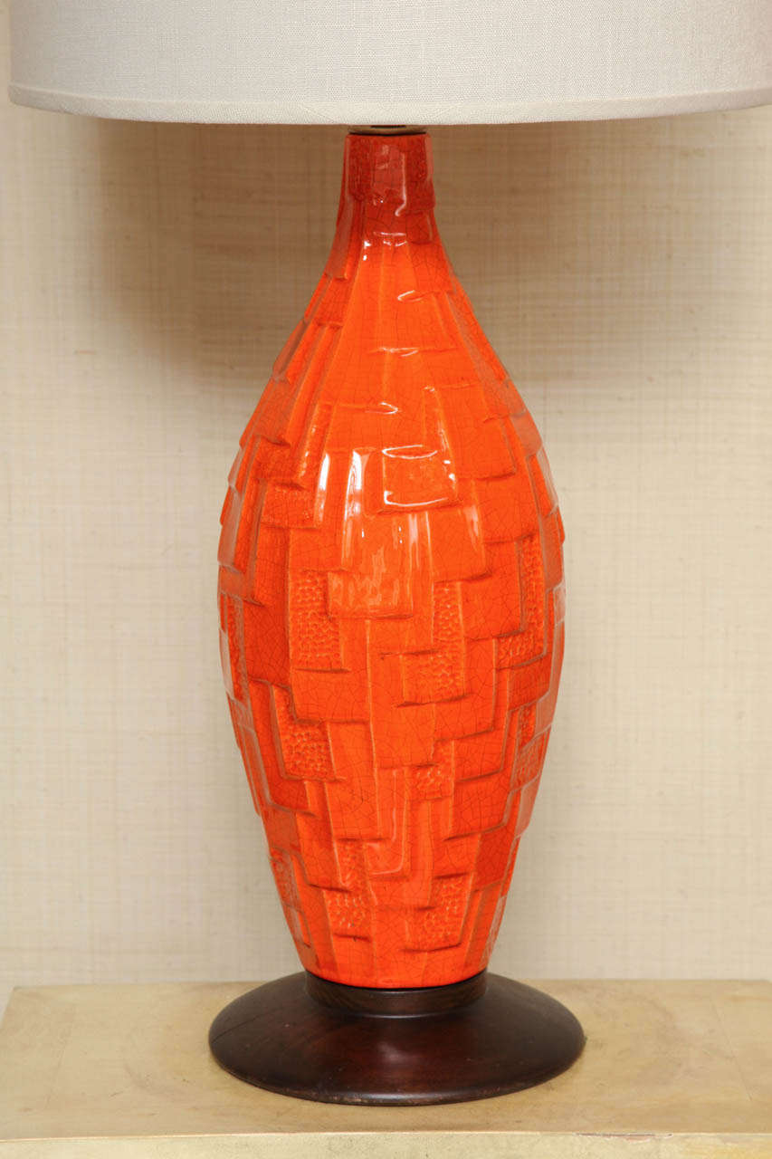 Pair of Orange Ceramic Lamps with Geometric Design, circa 1960 2