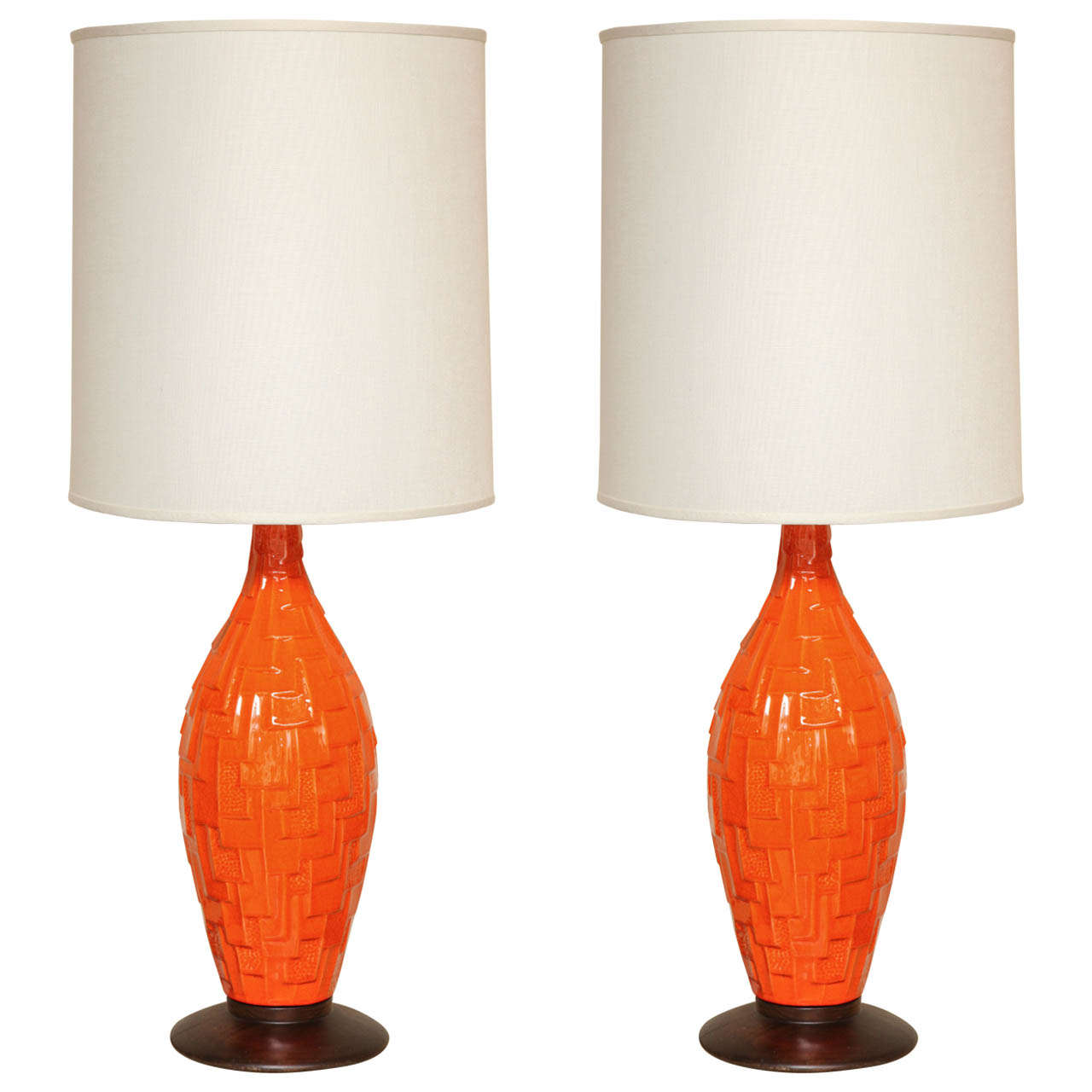 Pair of Orange Ceramic Lamps with Geometric Design, circa 1960