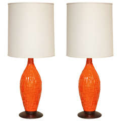 Pair of Orange Ceramic Lamps with Geometric Design, circa 1960