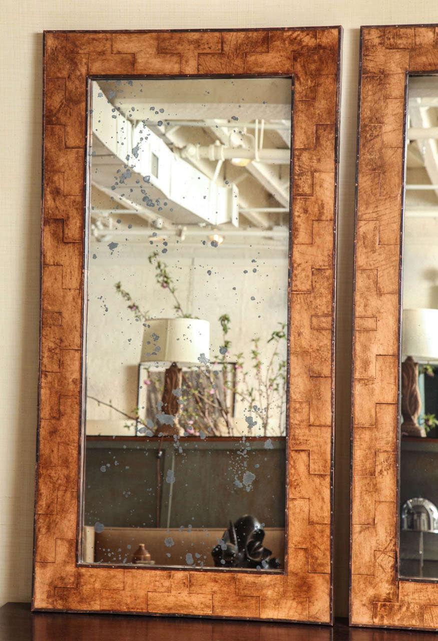 Pair of Mirrors with Vintage Leather Frames and Antique Glass In Excellent Condition In New York, NY