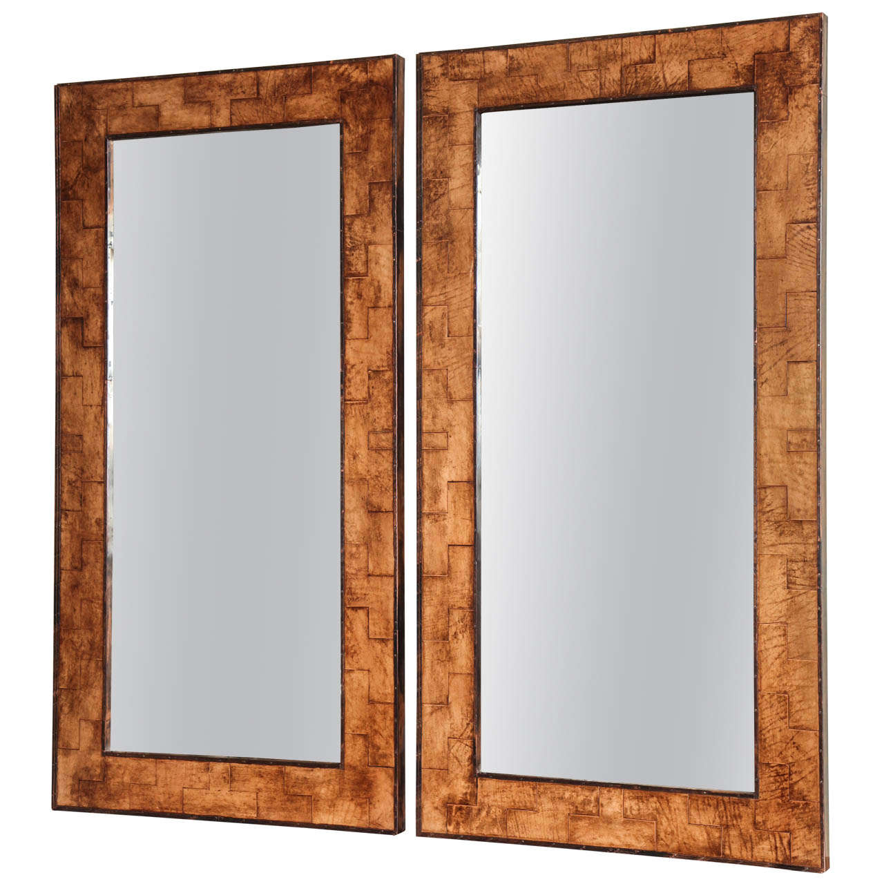 Pair of Mirrors with Vintage Leather Frames and Antique Glass