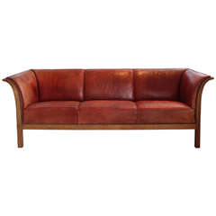 Frits Henningsen Cognac Red Leather Sofa, Denmark 1939